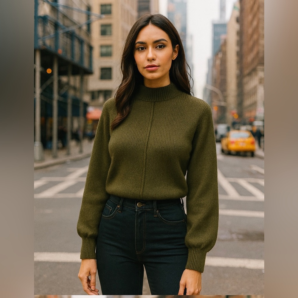 Song Of Style women small Olive Green Knit puff sleeves woolBlend Sweater blouse